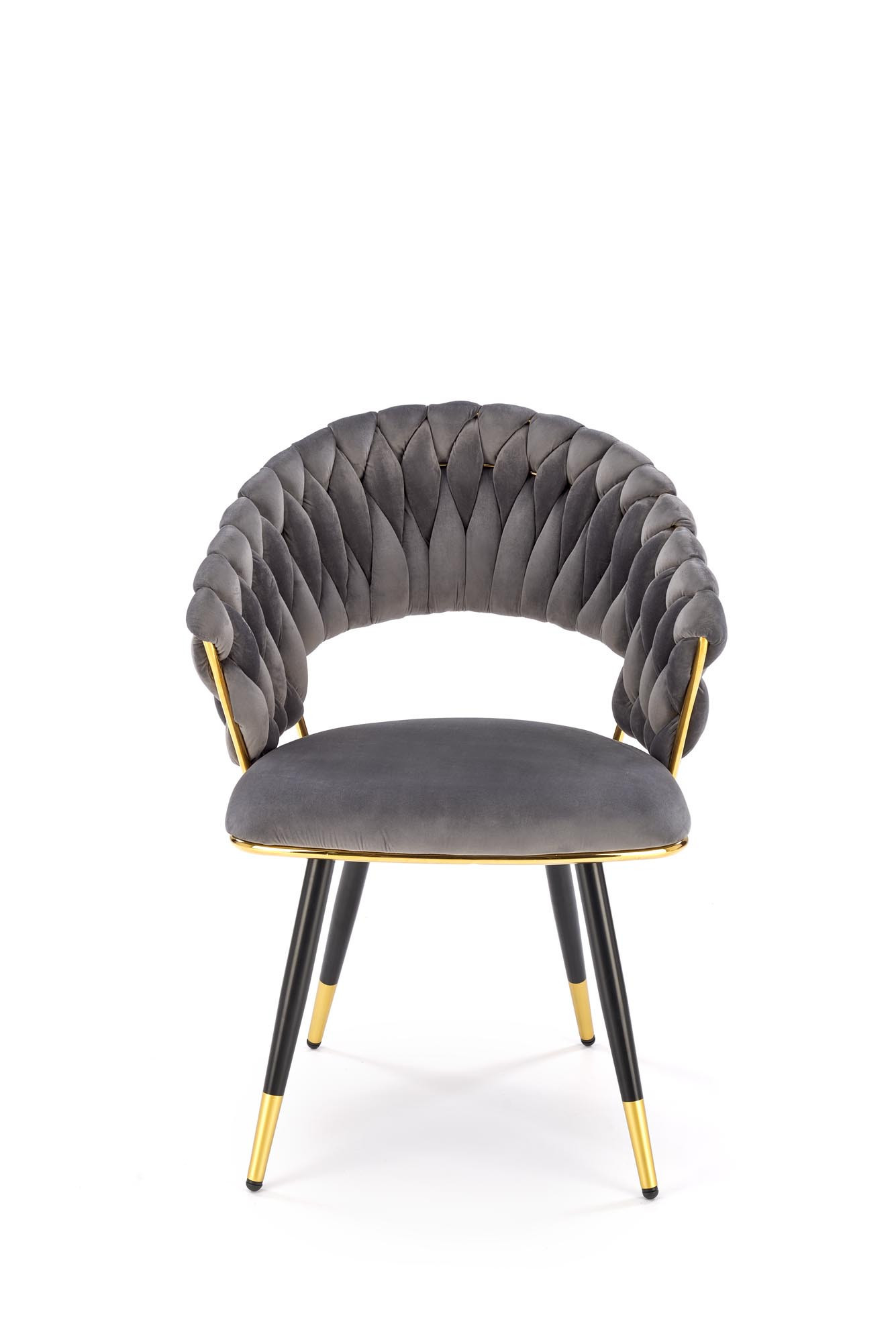 Przedni widok popielatego krzesła K551 z weluru, czarne nogi ze złotymi akcentami.