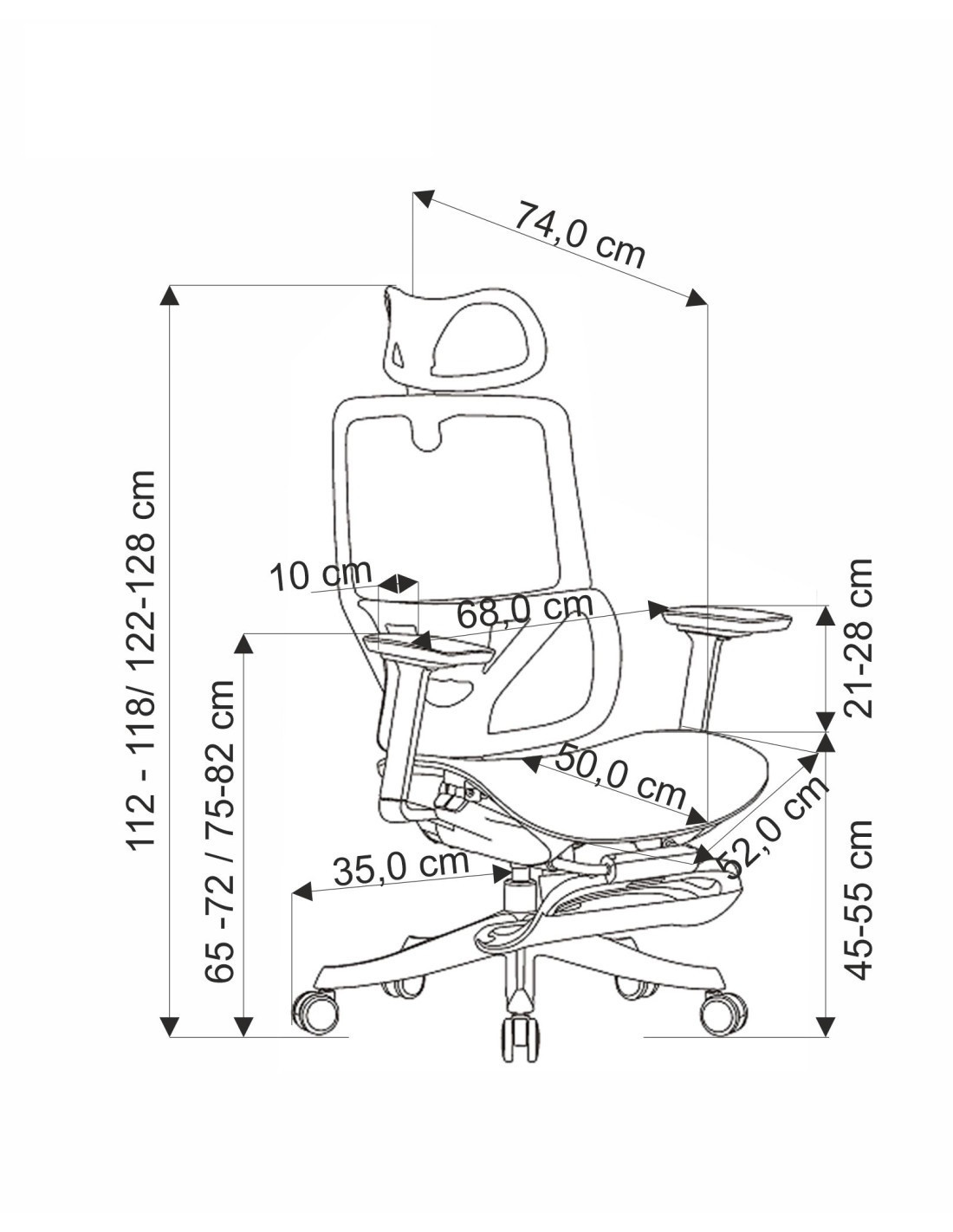 Wymiarowanie czarnego fotela biurowego OSVALDO z regulowanymi podłokietnikami, zagłówkiem i podparciem pleców – widok z boku.
