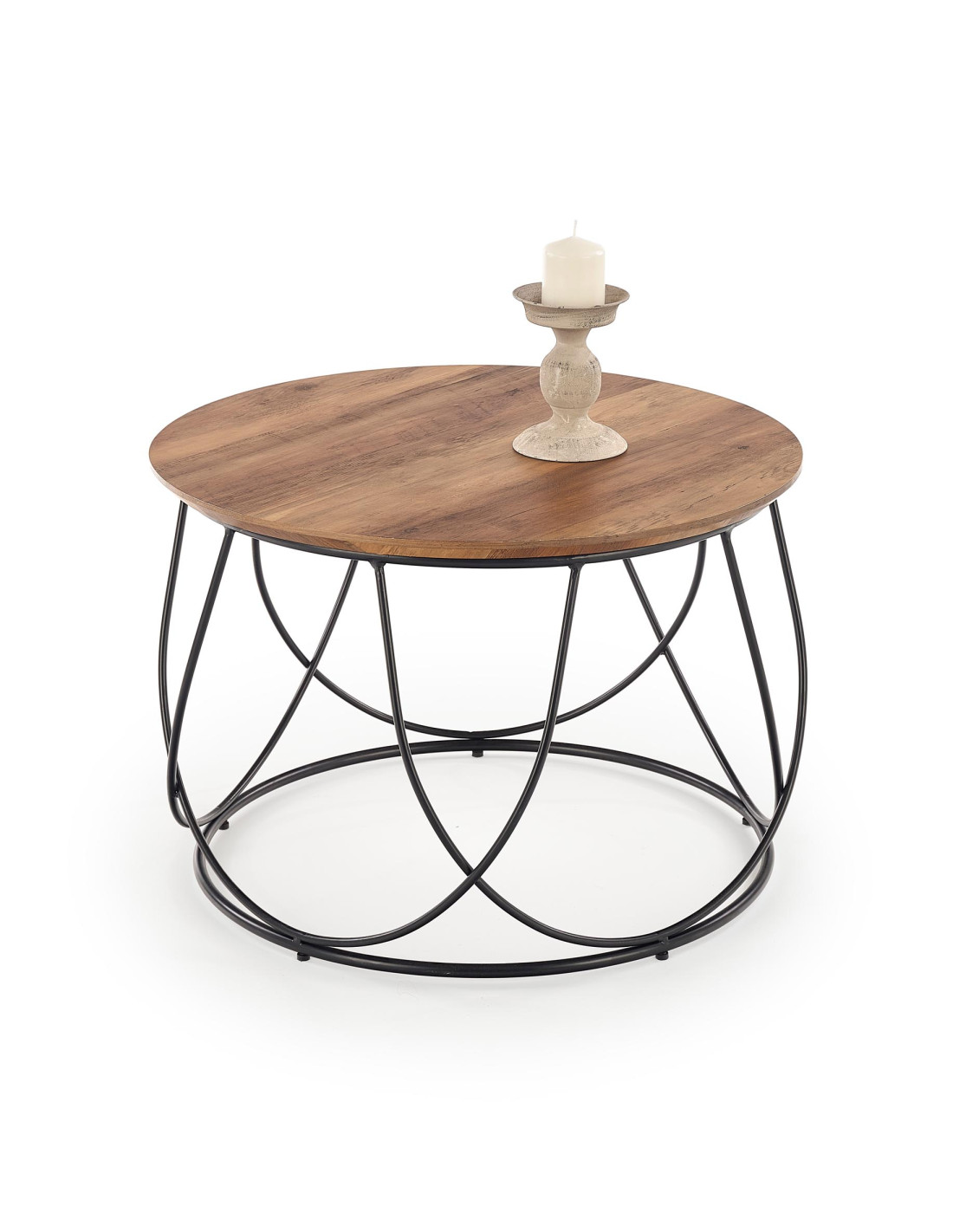 Stolik NUBIRA okrągły, orzechowy blat, czarne metalowe nogi, widok z przodu.